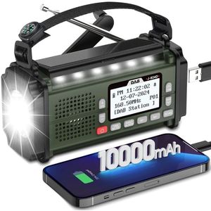 Noodradio - DAB Solar - Opwindbaar en Batterij - Draagbare Noodradio - 10000 mAh - Groen