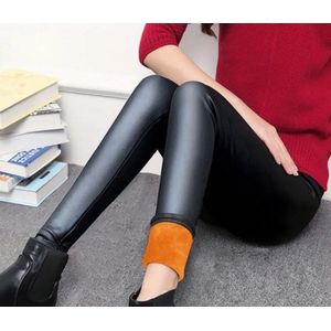 Lederlook Thermo Broek - Zwart met Oranje fleece voering – tot -20°C – Maat XS – Dames Leatherlook Winter Legging