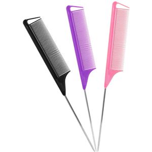 Rattenstaartkamset: 3-delige lange stalen pinnenkam voor salonkappers, metalen scheidingskam voor vrouwen (paars, zwart, roze)