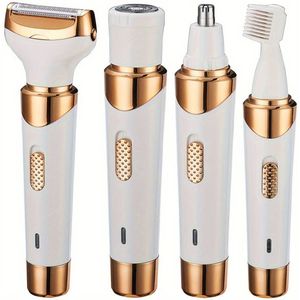 4-in-1 Scheerapparaat voor Dames – Precisietrimmer, Oor/Neushaar, Wenkbrauwtrimmer + Full Body Shaver – Pijnloze Ontharing – USB-Oplaadbare Dames Trimmer – Voor een complete en perfecte Lichaamshaar verzorging - Kleur Wit/Goud