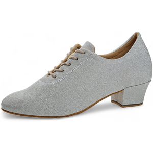 Diamant Trainer Dansschoenen 199 - 034 - 002 - Zilver Brokat - Comfort Voetbed - Normaal Breedte - 3,7cm Cuban Hak - Suède buitenzool - Extra stabiliteit - Ademende voering - 5 - gaats vetersluiting - Trainingen, Latin - Diamant - Zilver - 33.5