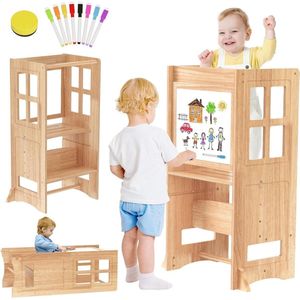 Montessori 4-in-1 Leertoren met Whiteboard en Veiligheidsrail - Ontdekkingstoren voor Peuters