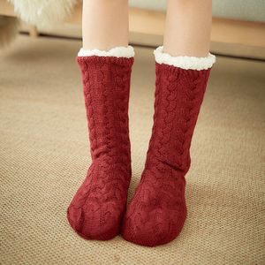 Wintersokken met antislip voor dames, dikke en zachte pantoffels voor dames en tieners, perfect cadeau voor haar,Bordeauxrood
