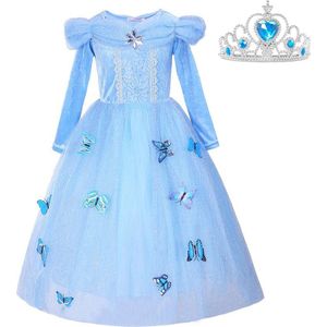 Assepoester jurk Prinsessen jurk verkleedjurk 104-110 (110) blauw Luxe met vlinders meisje + blauwe kroon