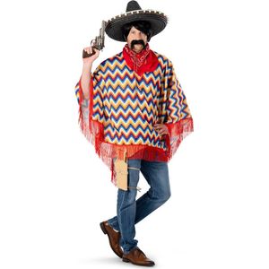 Funny Fashion - Spaans & Mexicaans Kostuum - Poncho Carmelito De Carlo Kostuum - Blauw, Rood, Geel - One Size - Carnavalskleding - Verkleedkleding