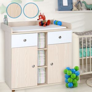 GoodVibes - Babycommode met 2 grote lades en 5 vakken - Ladekast met Opbergrumte - Veelzijdig Omkleedmeubel met Organiser - 90x69x92 cm (LxBxH) - Eiken-Fineer