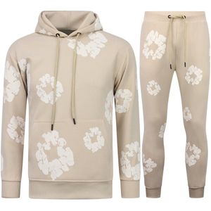 Heren Trainingspak met Bloemenprint all Over Print - Huispak Bloemenpak - Joggingpak Heren - Dik Geweven (Unisex) Twinset - 5991 - Beige