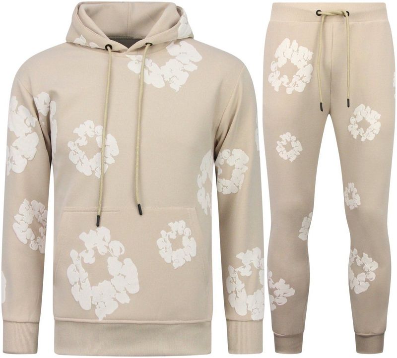 Heren Trainingspak met Bloemenprint all Over Print - Huispak Bloemenpak - Joggingpak Heren - Dik Geweven (Unisex) Twinset - 5991 - Beige