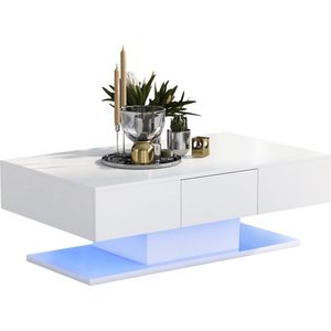 Sweiko 2-lade salontafel, moderne hoogglans salontafel in woonkamer, met witte lades, LED verlichte salontafel, 100*60*35cm, Wit