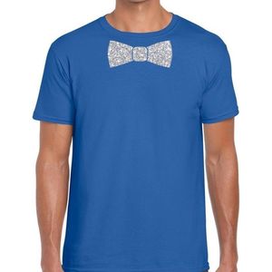 Blauw fun t-shirt met vlinderdas in glitter zilver heren - shirt met strikje L