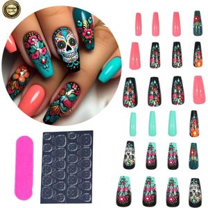 GUAPÀ® Plaknagels 24 Delige Nagelset | 24 stuks valse nagels | Press On Nails | Zelfklevende Plaknagels | Nepnagels | Kunstnagels | Compleet plaknagels starterspakket | Nagels Wraps | Nail Art | 24 stuks plaknagels Bloemen en Schedel Design