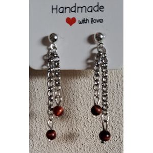 Tijgeroog Rood Oorbellen, dubbel knop zilverkleurig