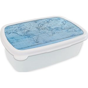 Broodtrommel Wit - Lunchbox - Brooddoos - Wereldkaart - Blauw - Lijnen - 18x12x6 cm - Volwassenen