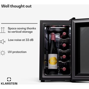 Klarstein Wijnkoelkast - 1 Zone Drankenkoelkast met Glazen Deur - Stille Koelkast voor Binnen/Buiten - 21L Flessenkoelkast Klein - Wijnkoelkast voor Dranken - Wijnkoeler voor 8 Flessen - Zwart