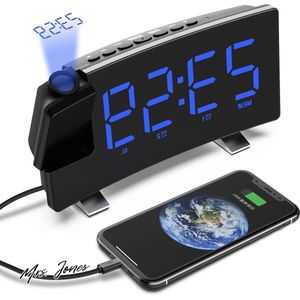 Mrs. Jones Digitale wekker projectie wekker alarm wekkerradio LED reiswekker FM-radio USB-aansluiting - tafelklok 3 niveaus helderheid 180 ° projectie display uitschakelbaar dimbaar .