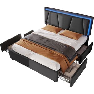 Merax Tweepersoonsbed 140x200 cm inclusief 7-Zone Koudschuim Matras met LED-Verlichting - Luxe Gestoffeerd Bed met Verstelbaar Hoofdbord en 4 Lades - Grijs