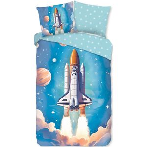 Warme flanel kids dekbedovertrek Rocket - 140x200/220 (eenpersoons) - vrolijke uitstraling - heerlijk zacht en comfortabel - donsachtig laagje - ademend en huidvriendelijk - ideaal voor de kinderkamer