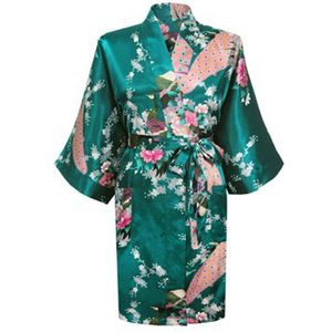KIMU® Kimono Petrol Kort - Maat L-XL - Yukata Satijn Boven de Knie - Korte Oliekleur Ochtendjas Japanse Kamerjas Sexy Satijnen Badjas Geisha Vogels Da Sinterklaas Kado
