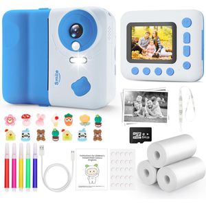 IEEILULU Instant camera voor kinderen, 1080p, 2,4 inch met 64G-kaart en 3 rollen printpapier, kindercamera, cadeau voor 3-12 jaar