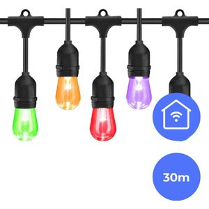 Fonkel Arena Wifi LED Lichtsnoer Buiten met 30 Gekleurde Lampjes E27 Multicolour RGB CCT - Prikkabel 30 meter Tuinverlichting – Lampjes Slinger IP65 - Koppelbare Feestverlichting - Kerstverlichting