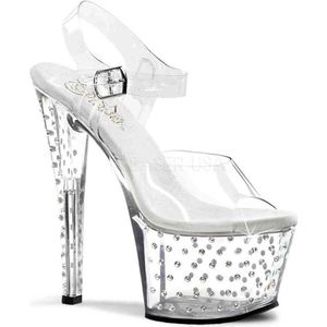 Pleaser - STARDUST-708 Sandaal met enkelband, Paaldans schoenen - Paaldans schoenen - 36 Shoes - Transparant/Zilverkleurig