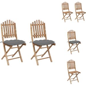 vidaXL Buitenstoelen - set van 2 - Massief bamboe - Waterbestendig - Inklapbaar - Grijs kussen - 50x42x92 cm - Tuinstoel