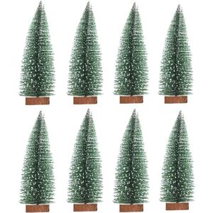 Mini-groene dennenboom - 8 stuks miniatuur mini-kerstboom sneeuw klein met houten sokkel 10 cm voor kerstdecoratie tafeldecoratie doe-het-zelf etalage