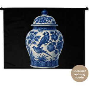 Wandkleed 90x67.5 cm - Wanddoek Pot - Delfts Blauw - Bloemen - Wandtapijt - Wandkleden