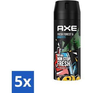 5 x Axe - Deodorant Bodyspray - 48hrs Fresh - Fresh Forest & Graffiti - 150 ml - Teak - Patchouli - Aluminium Verpakking - Duurzaam