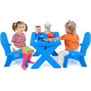 3-delig kinderzitgroep, kindertafel met 2 Adirondack-stoelen, kindertafelgroep van kunststof, kindermeubels kinderplacemat, voor kleuterschool, kinderkamer, tuin, gazon (blauw)