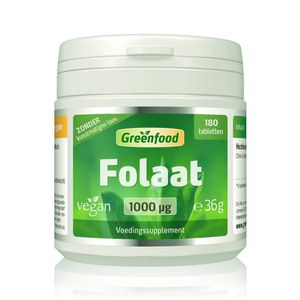 Greenfood Folat, 1000 µg, extra hoge dosis, 180 tabletten, veganistisch - Zonder kunstmatige toevoegingen. Zonder genetische manipulatie. Veganistisch.
