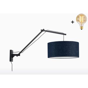 Wandlamp met Lange Arm - ANDES - Zwart Bamboe - Blauw Linnen - Met LED-lamp