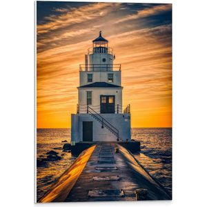 PVC Schuimplaat- Vuurtoren bij de Zee met Zonsondergang - 40x60 cm Foto op PVC Schuimplaat