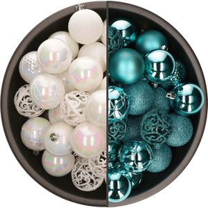 Bellatio Decorations Kerstballen mix - 74-delig - parelmoer wit en turquoise blauw - 6 cm - kunststof