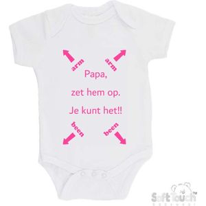 100% katoenen Romper ""Papa, zet hem op. Je kunt het!!"" Meisjes Katoen Wit/roze Maat 62/68