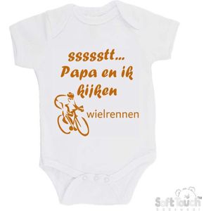 100% katoenen Romper ""ssssstt... Papa en ik kijken wielrennen"" Unisex Katoen Wit/tan Maat 56/62