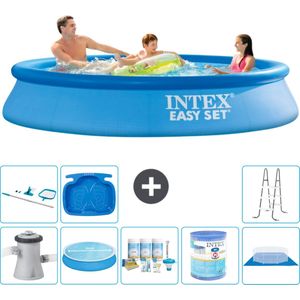 Intex Rond Opblaasbaar Easy Set Zwembad - 305 x 61 cm - Blauw - Inclusief Pomp Solarzeil - Onderhoudspakket - Filter - Grondzeil - Schoonmaakset - Ladder - Voetenbad