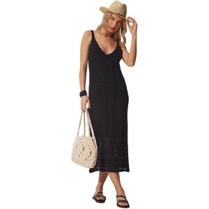Happinessistanbul Zwarte Strapless Zomertruijurk Voor Dames Met Opengewerkte Nf00044