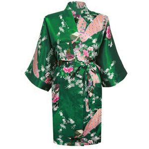 KIMU® Kimono Donkergroen Kort - Maat XS-S - Yukata Satijn Boven de Knie - Korte Groene Ochtendjas Japanse Kamerjas Sexy Satijnen Badjas Geisha 152 158 Sinterklaas Kado