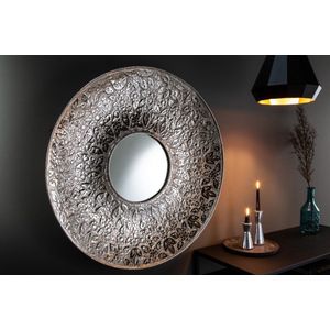 Handgemaakte wandspiegel MANDALA XL 80cm zilver rond in bloemenpatroon van metaal - 41759