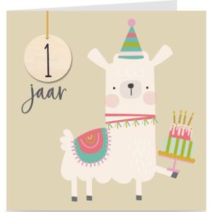 Verjaardagskaart met leeftijd voor kinderen | LAMA | 1 jaar | kaart met envelop | jongen / meisje