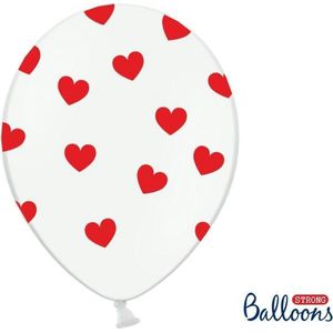 Partydeco - Ballonnen wit hartjes rood 50 stuks