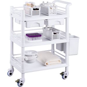 VEVOR 3-laags Laboratoriumwagen, met 3 Afvalbakken,1 Verbrede Bovenste Plank,PP Lade, 4 PU-Zwenkwielen 2 met Rem,voor Laboratorium, Ziekenhuis, Tandartspraktijk, Salon