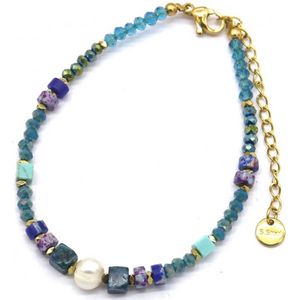 Armband goudkleurig met blauwe kralen - Imitatieparel - Verkleurd niet - Damesdingetjes