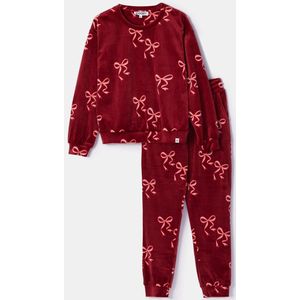 Woody pyjama meisjes/dames velours - donkerrood - strikjes all-overprint - 252-10-YPE-V/952 - maat XL
