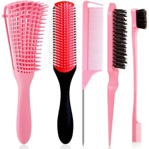 5 Stuks Detangling Brush Set Kussen Nylon Borstel Rat Staart Kam Dual Edge Borstel Plagen Borstel Haar Styling Kam - Roze