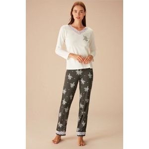 Suwen- Dames 2- Delige -Pyjama- Luxe Pyjamaset- Nachtkleding -Homewear- Wit / Antraciet Maat XXL