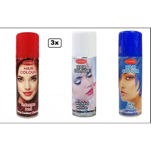 3x Haarspray rood/wit/blauw 125 ml - Word bezorgd in doos ivm beschadiging - Festival thema feest carnaval haar kleurspray party Koningsdag Holland EK voetbal