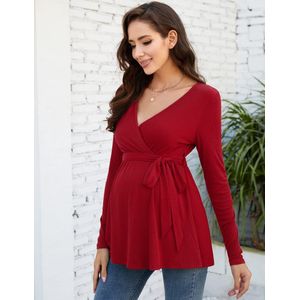 Vrouwen Voedingsshirt, Zwangerschapsshirt Met V-Hals, Lange Mouwen Voedingstop Met Riem, Zwangerschapskleding Claret S