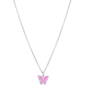 Lucardi Kinder Stalen ketting met vlinder roze - Ketting - Staal - Zilverkleurig - 40 cm